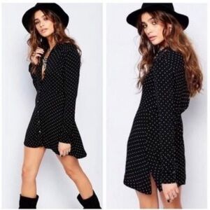 Free People This Town Black White Polka Dots Button Front Long Sleeve Dress Sz L